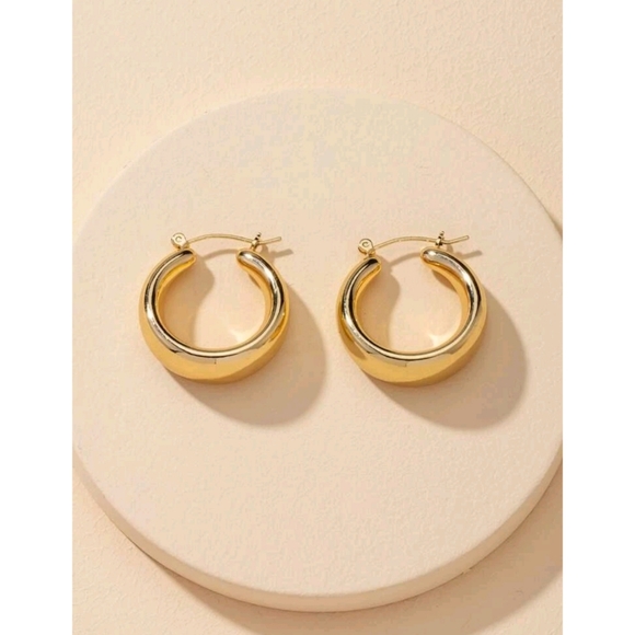 Anthropologie Chloe Minimalist Trendy Thick Gold Hoop Earrings - Picture 2 of 4